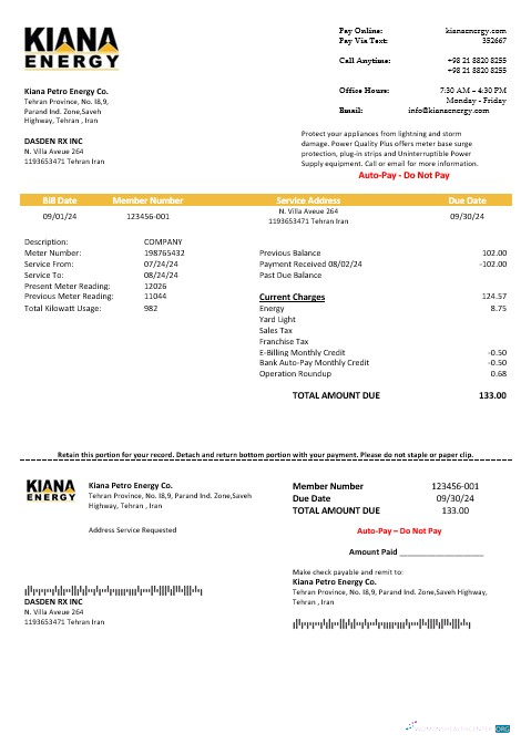 Iran Kiana Petro Energy Co business utility bill template in Word and PDF format